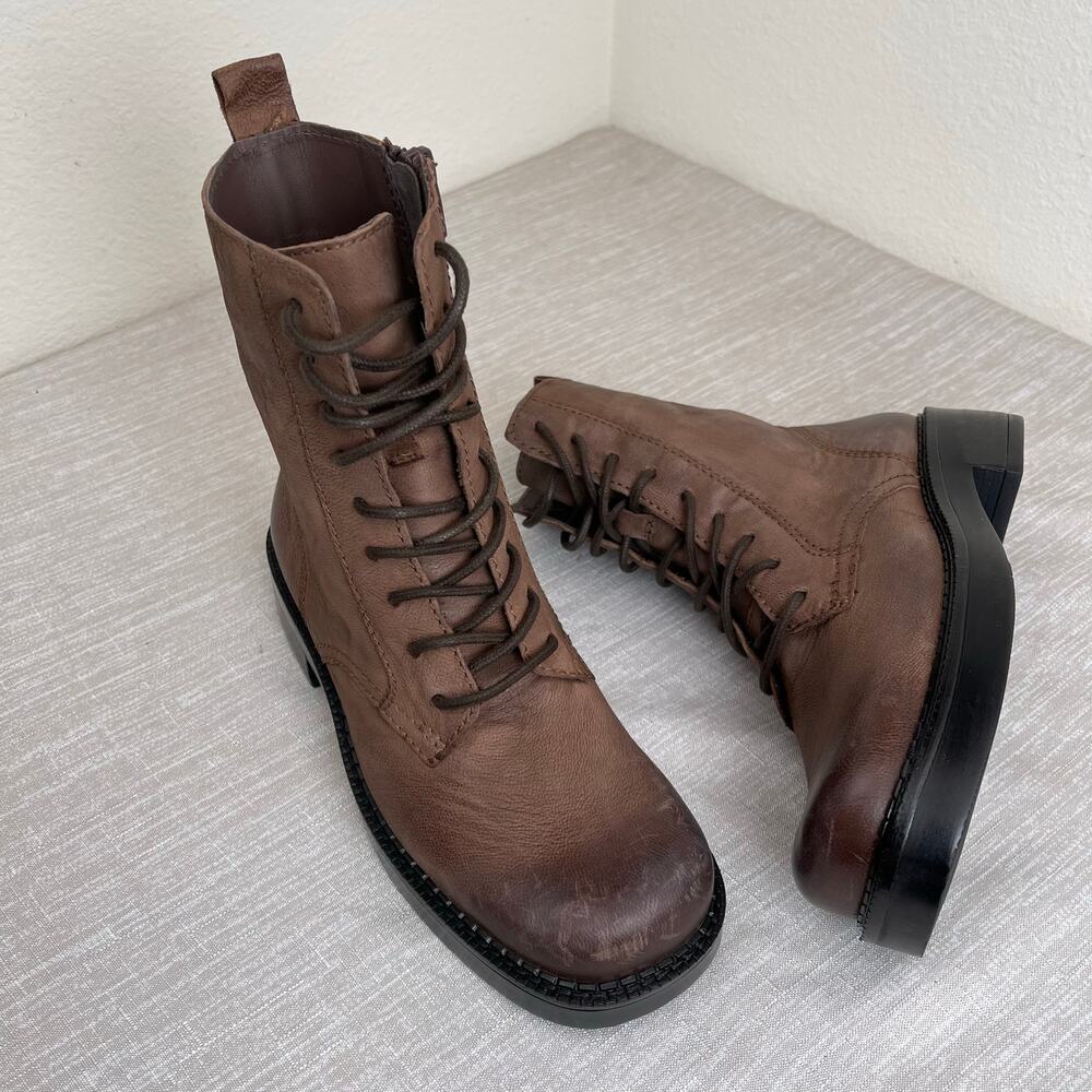 ZARA Women Brown Distressed Combat Boots Lace Up Lug Sole Size 34